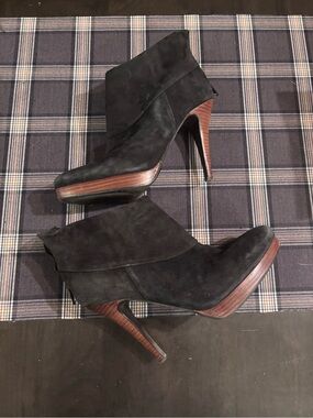 Steve Madden Black Suede Fold-Over Ankle Booties with Wood Platform